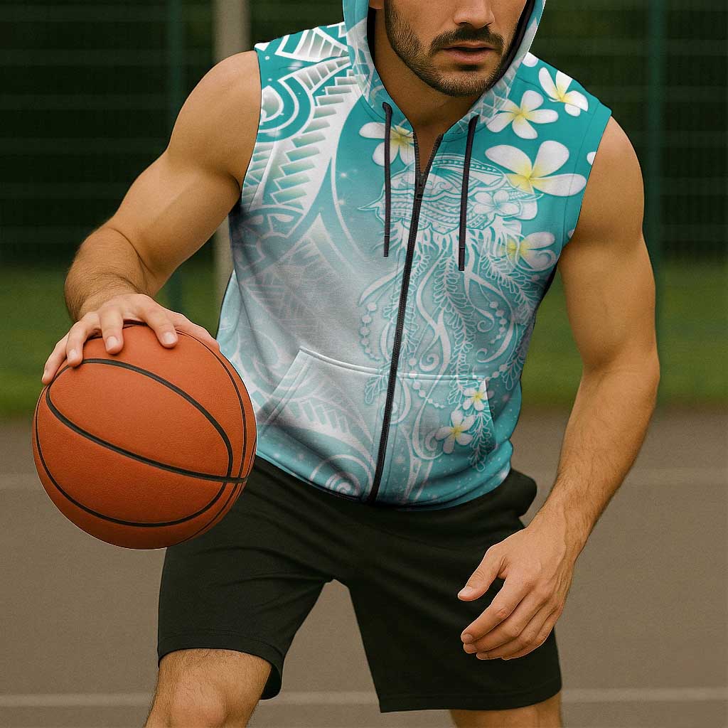 Polynesian Jellyfish Sleeveless Zip Hoodie With Plumeria Teal LT05 - Polynesian Pride