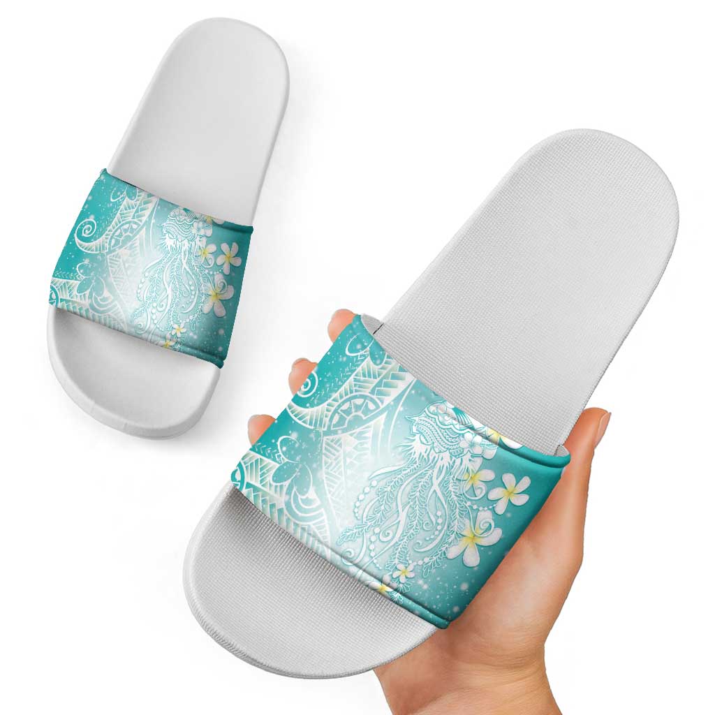 Polynesian Jellyfish Slide Sandals With Plumeria Teal LT05 - Polynesian Pride