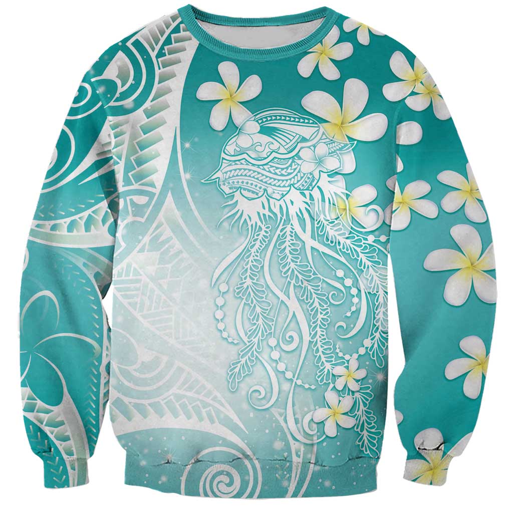 Polynesian Jellyfish Sweatshirt With Plumeria Teal LT05 Unisex Teal - Polynesian Pride
