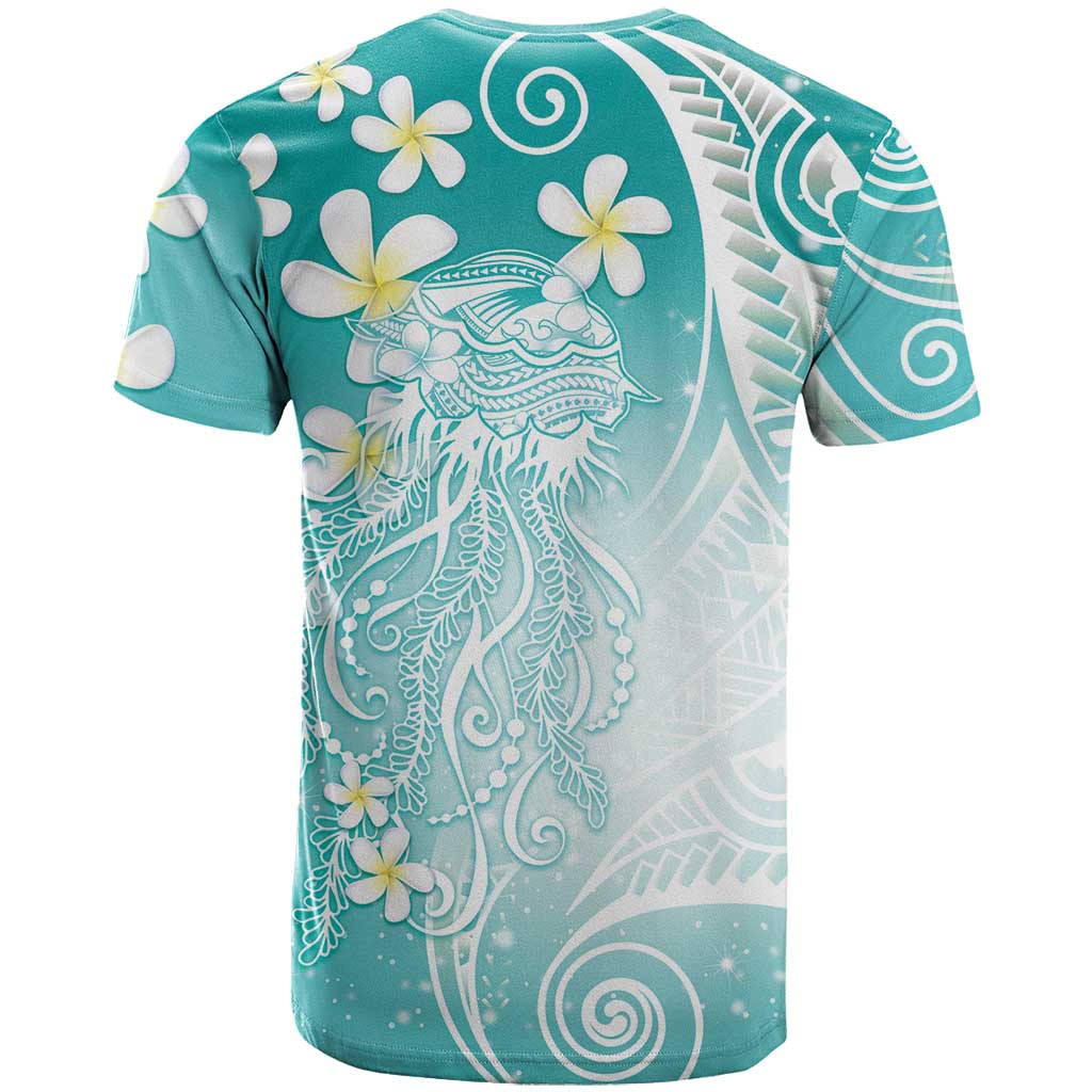Polynesian Jellyfish T Shirt With Plumeria Teal LT05 - Polynesian Pride