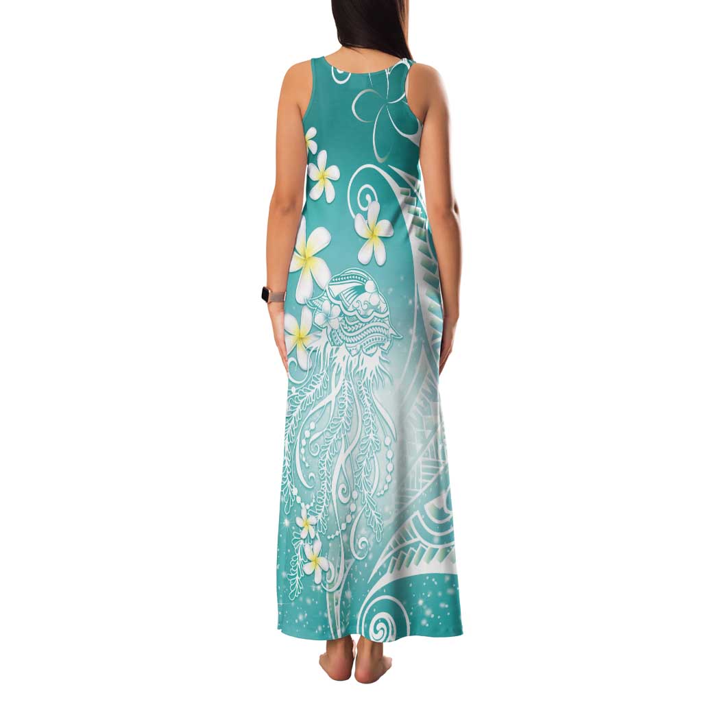 Polynesian Jellyfish Tank Maxi Dress With Plumeria Teal LT05 - Polynesian Pride