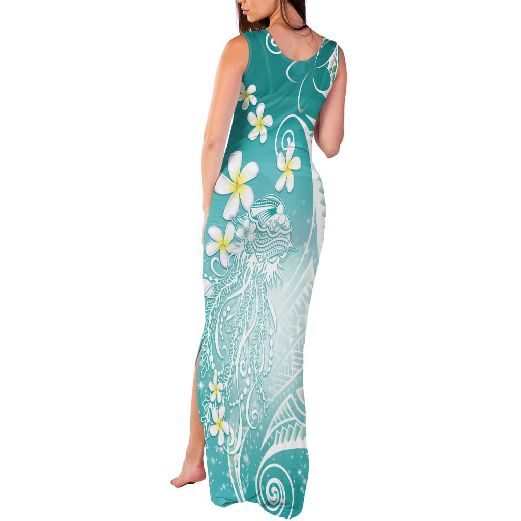 Polynesian Jellyfish Tank Maxi Dress With Plumeria Teal LT05 - Polynesian Pride