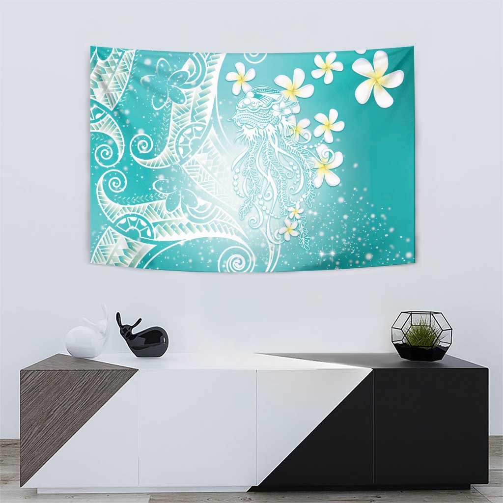Polynesian Jellyfish Tapestry With Plumeria Teal LT05 - Polynesian Pride