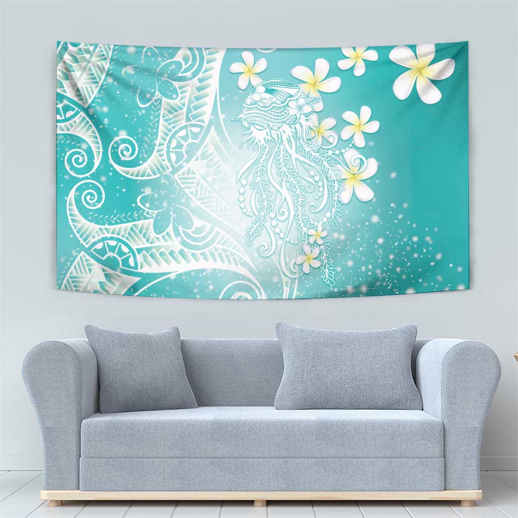 Polynesian Jellyfish Tapestry With Plumeria Teal LT05 - Polynesian Pride