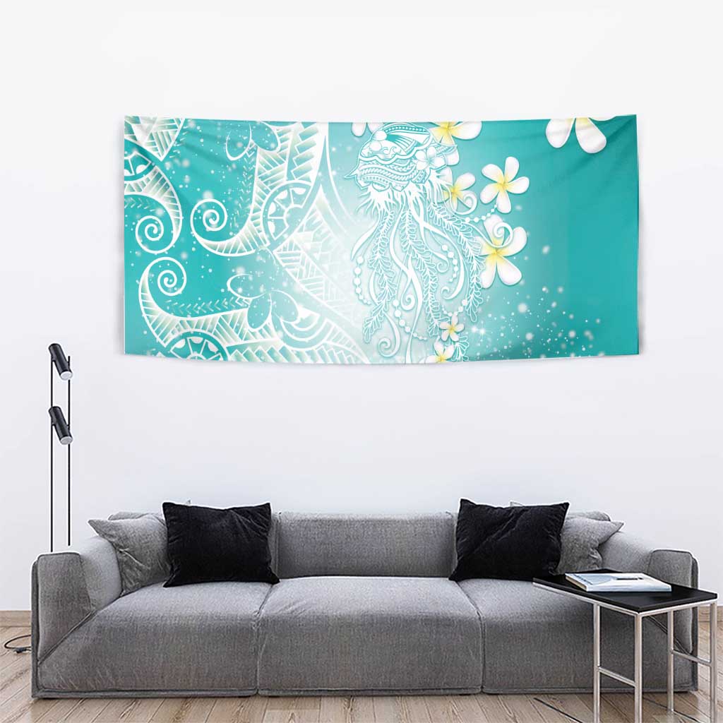 Polynesian Jellyfish Tapestry With Plumeria Teal LT05 - Polynesian Pride