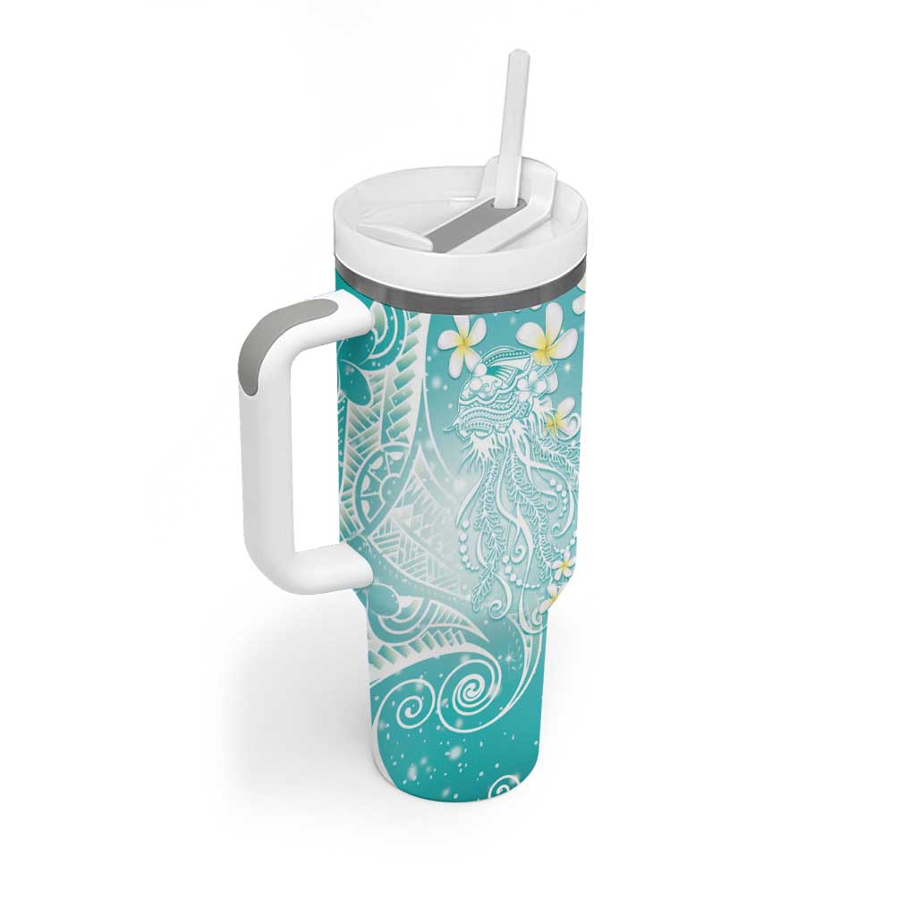Polynesian Jellyfish Tumbler With Handle With Plumeria Teal LT05 - Polynesian Pride