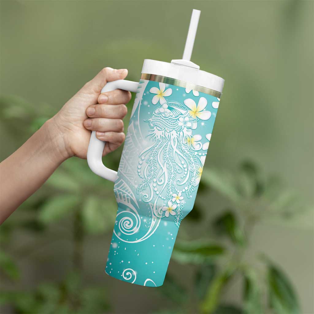 Polynesian Jellyfish Tumbler With Handle With Plumeria Teal LT05 - Polynesian Pride