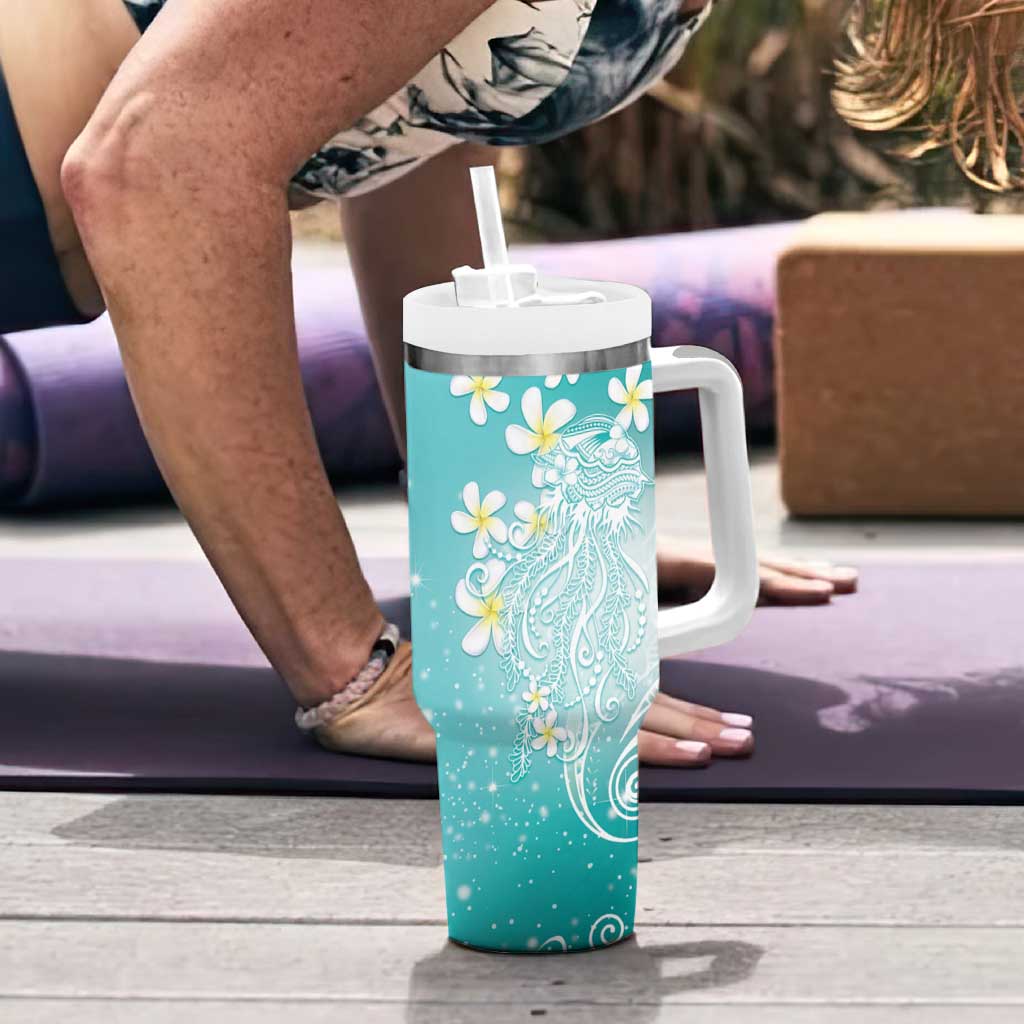 Polynesian Jellyfish Tumbler With Handle With Plumeria Teal LT05 - Polynesian Pride