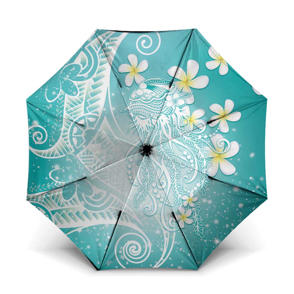 Polynesian Jellyfish Umbrella With Plumeria Teal LT05 One Size Folded 11.42 inch Opened Diameter 37.4 inch Teal - Polynesian Pride