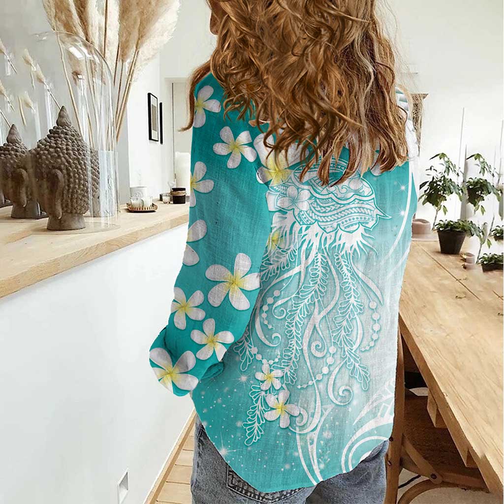 Polynesian Jellyfish Women Casual Shirt With Plumeria Teal LT05 - Polynesian Pride