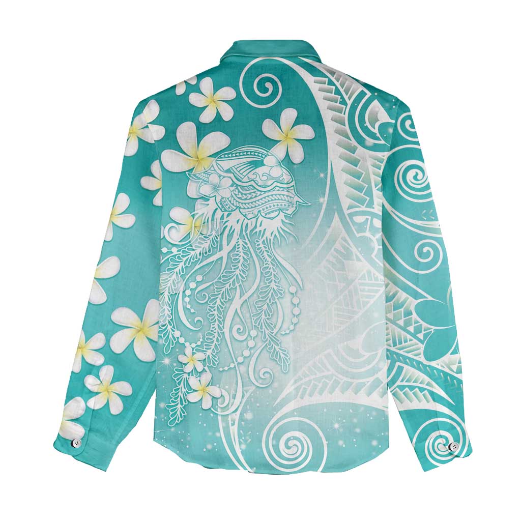 Polynesian Jellyfish Women Casual Shirt With Plumeria Teal LT05 - Polynesian Pride
