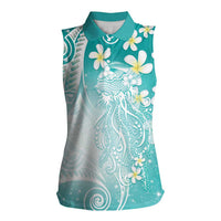 Polynesian Jellyfish Women Sleeveless Polo Shirt With Plumeria Teal LT05 Female Teal - Polynesian Pride