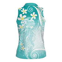 Polynesian Jellyfish Women Sleeveless Polo Shirt With Plumeria Teal LT05 - Polynesian Pride