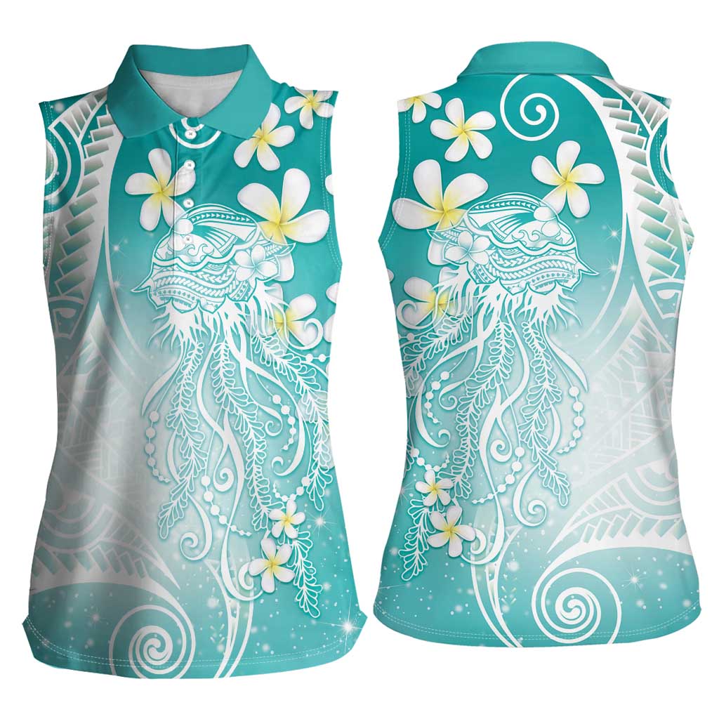Polynesian Jellyfish Women Sleeveless Polo Shirt With Plumeria Teal LT05 - Polynesian Pride