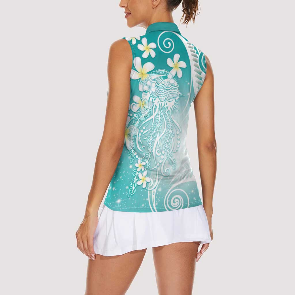 Polynesian Jellyfish Women Sleeveless Polo Shirt With Plumeria Teal LT05 - Polynesian Pride