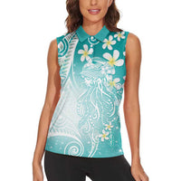 Polynesian Jellyfish Women Sleeveless Polo Shirt With Plumeria Teal LT05 - Polynesian Pride