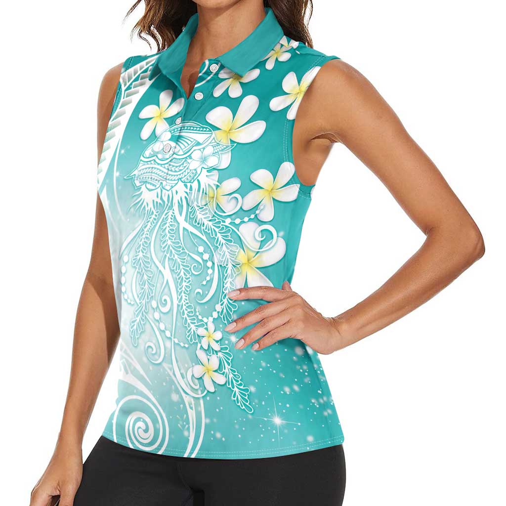 Polynesian Jellyfish Women Sleeveless Polo Shirt With Plumeria Teal LT05 - Polynesian Pride