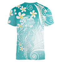 Polynesian Jellyfish Women V-Neck T-Shirt With Plumeria Teal LT05 - Polynesian Pride