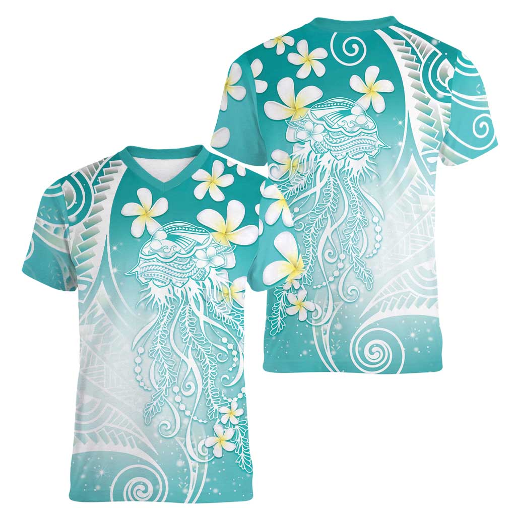 Polynesian Jellyfish Women V-Neck T-Shirt With Plumeria Teal LT05 - Polynesian Pride