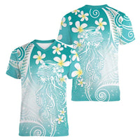 Polynesian Jellyfish Women V-Neck T-Shirt With Plumeria Teal LT05 - Polynesian Pride