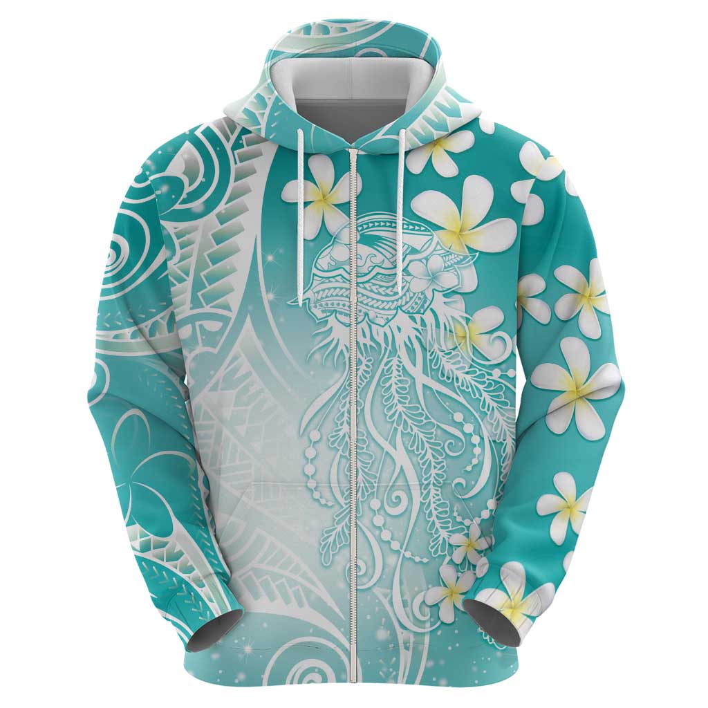 Polynesian Jellyfish Zip Hoodie With Plumeria Teal LT05 - Polynesian Pride