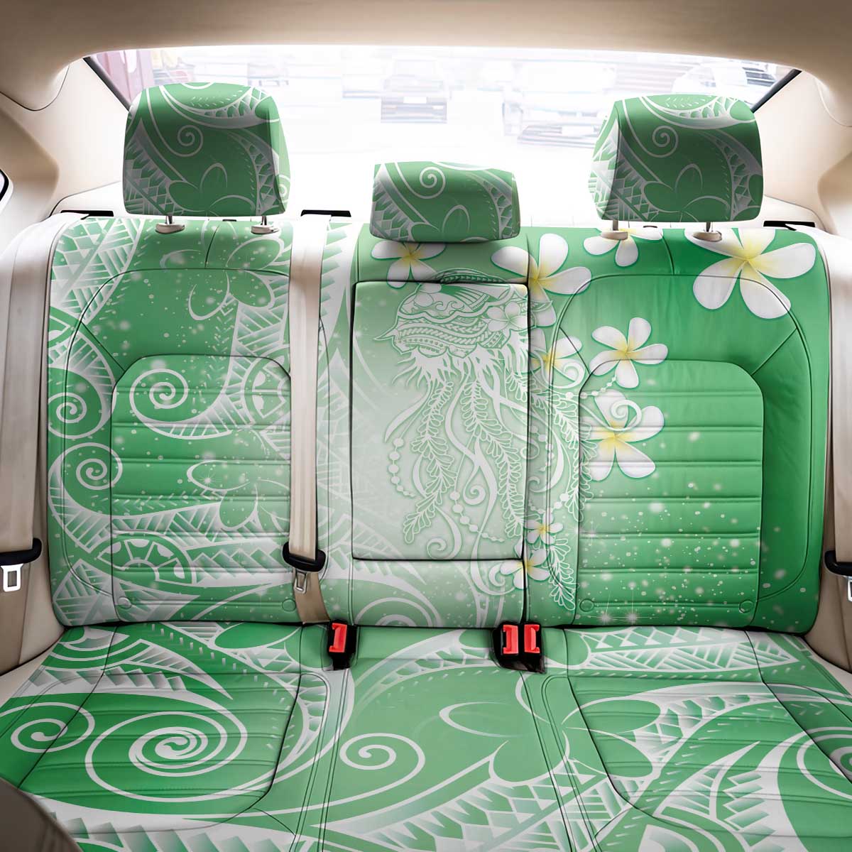 Polynesian Jellyfish Back Car Seat Cover With Plumeria Green LT05 - Polynesian Pride