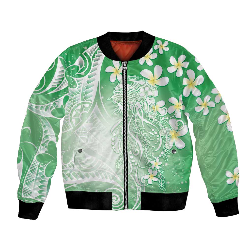 Polynesian Jellyfish Bomber Jacket With Plumeria Green LT05 Unisex Green - Polynesian Pride
