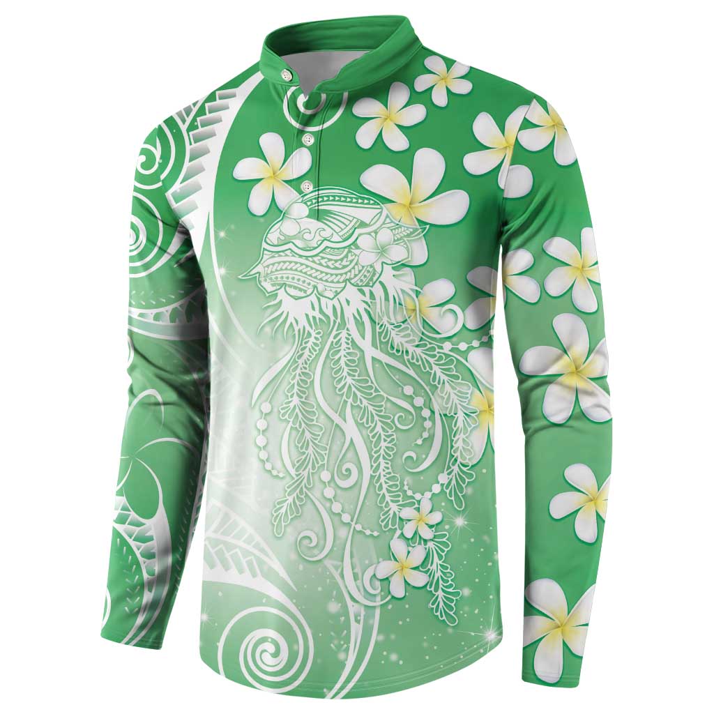 Polynesian Jellyfish Button Sweatshirt With Plumeria Green LT05 - Polynesian Pride