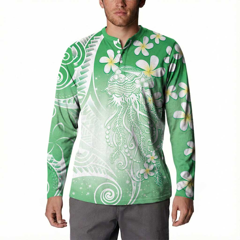 Polynesian Jellyfish Button Sweatshirt With Plumeria Green LT05 - Polynesian Pride