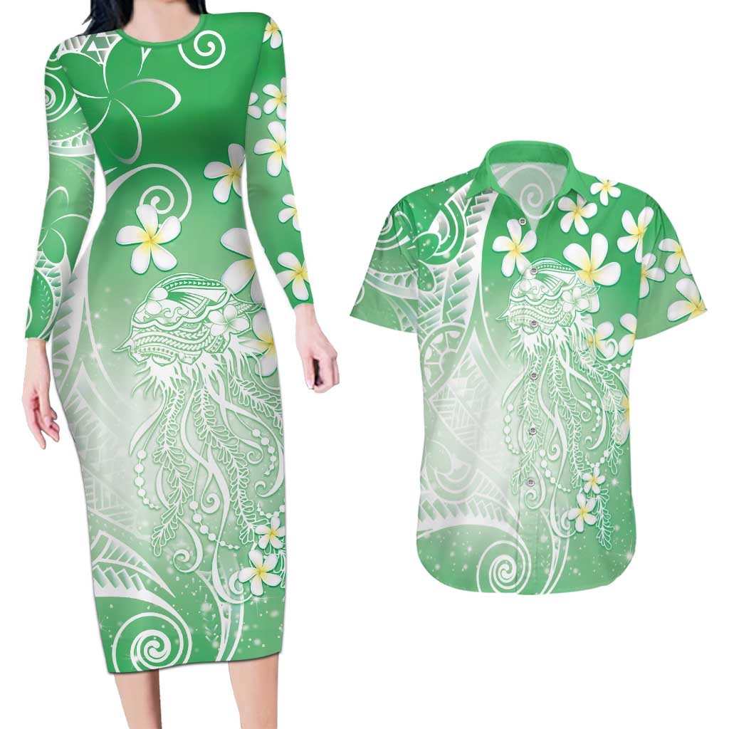 Polynesian Jellyfish Couples Matching Long Sleeve Bodycon Dress and Hawaiian Shirt With Plumeria Green LT05 Green - Polynesian Pride