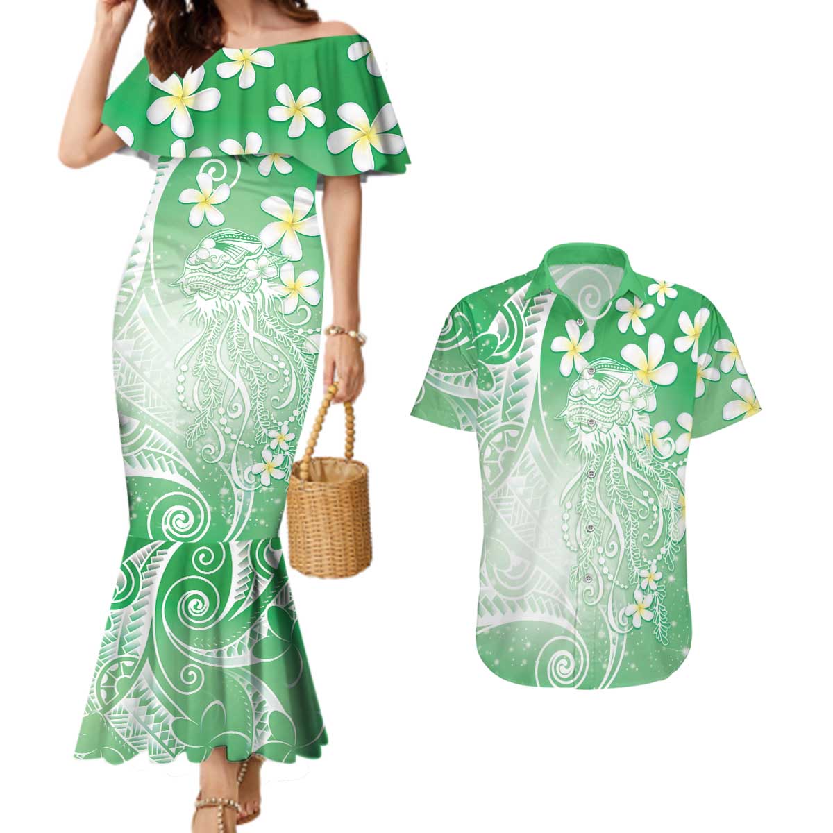 Polynesian Jellyfish Couples Matching Mermaid Dress and Hawaiian Shirt With Plumeria Green