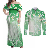 Polynesian Jellyfish Couples Matching Off Shoulder Maxi Dress and Long Sleeve Button Shirt With Plumeria Green LT05 Green - Polynesian Pride