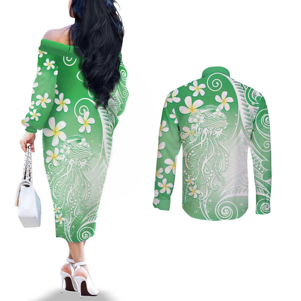 Polynesian Jellyfish Couples Matching Off The Shoulder Long Sleeve Dress and Long Sleeve Button Shirt With Plumeria Green