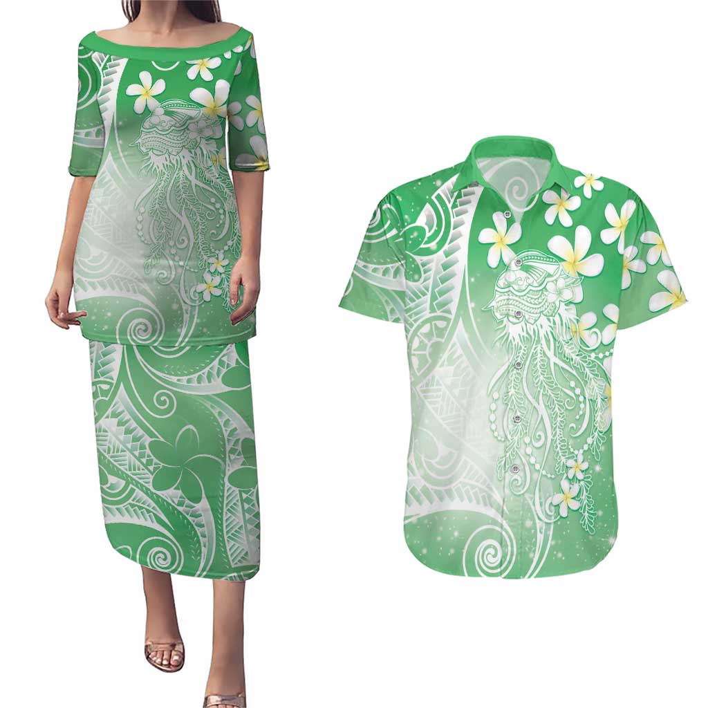 Polynesian Jellyfish Couples Matching Puletasi and Hawaiian Shirt With Plumeria Green LT05 Green - Polynesian Pride