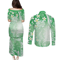 Polynesian Jellyfish Couples Matching Puletasi and Long Sleeve Button Shirt With Plumeria Green LT05 - Polynesian Pride