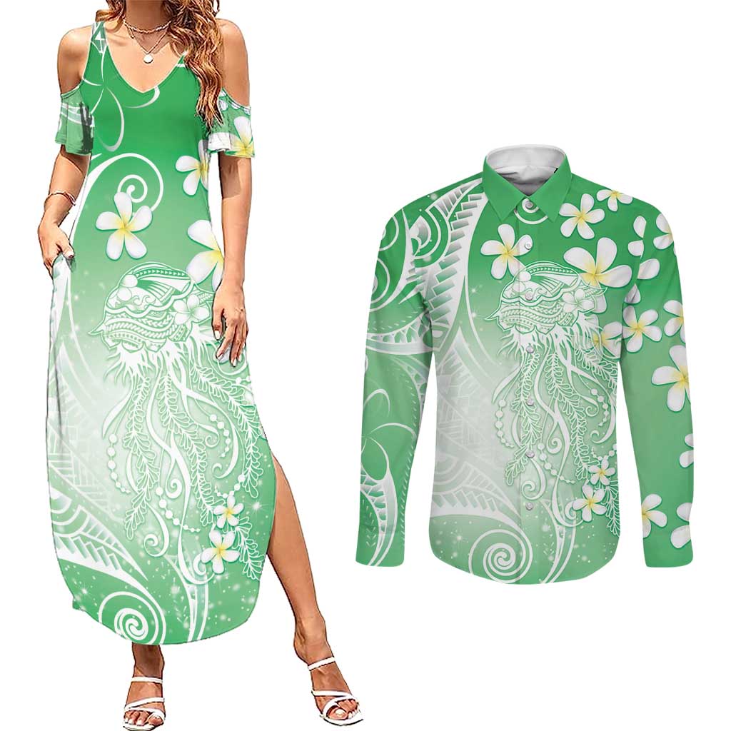 Polynesian Jellyfish Couples Matching Summer Maxi Dress and Long Sleeve Button Shirt With Plumeria Green LT05 Green - Polynesian Pride