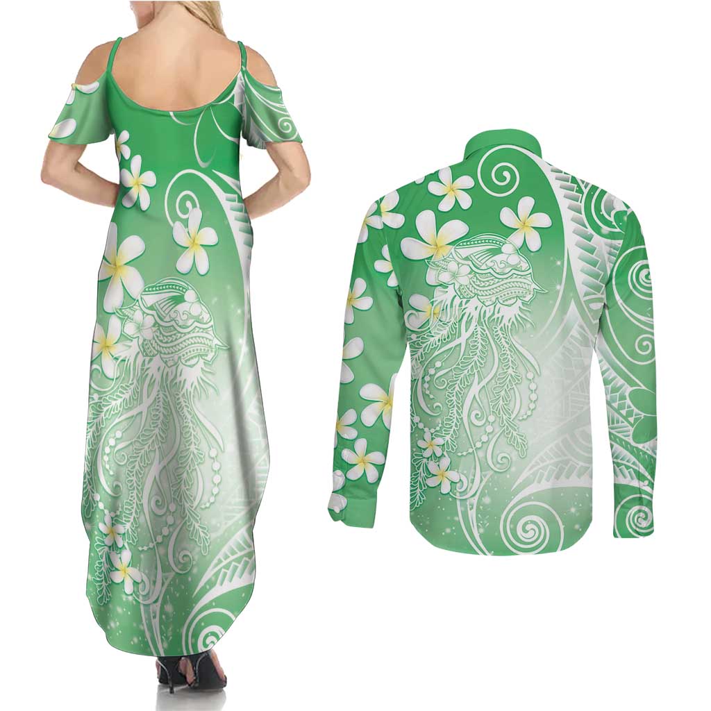 Polynesian Jellyfish Couples Matching Summer Maxi Dress and Long Sleeve Button Shirt With Plumeria Green LT05 - Polynesian Pride
