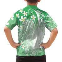 Polynesian Jellyfish Family Matching Off The Shoulder Long Sleeve Dress and Hawaiian Shirt With Plumeria Green