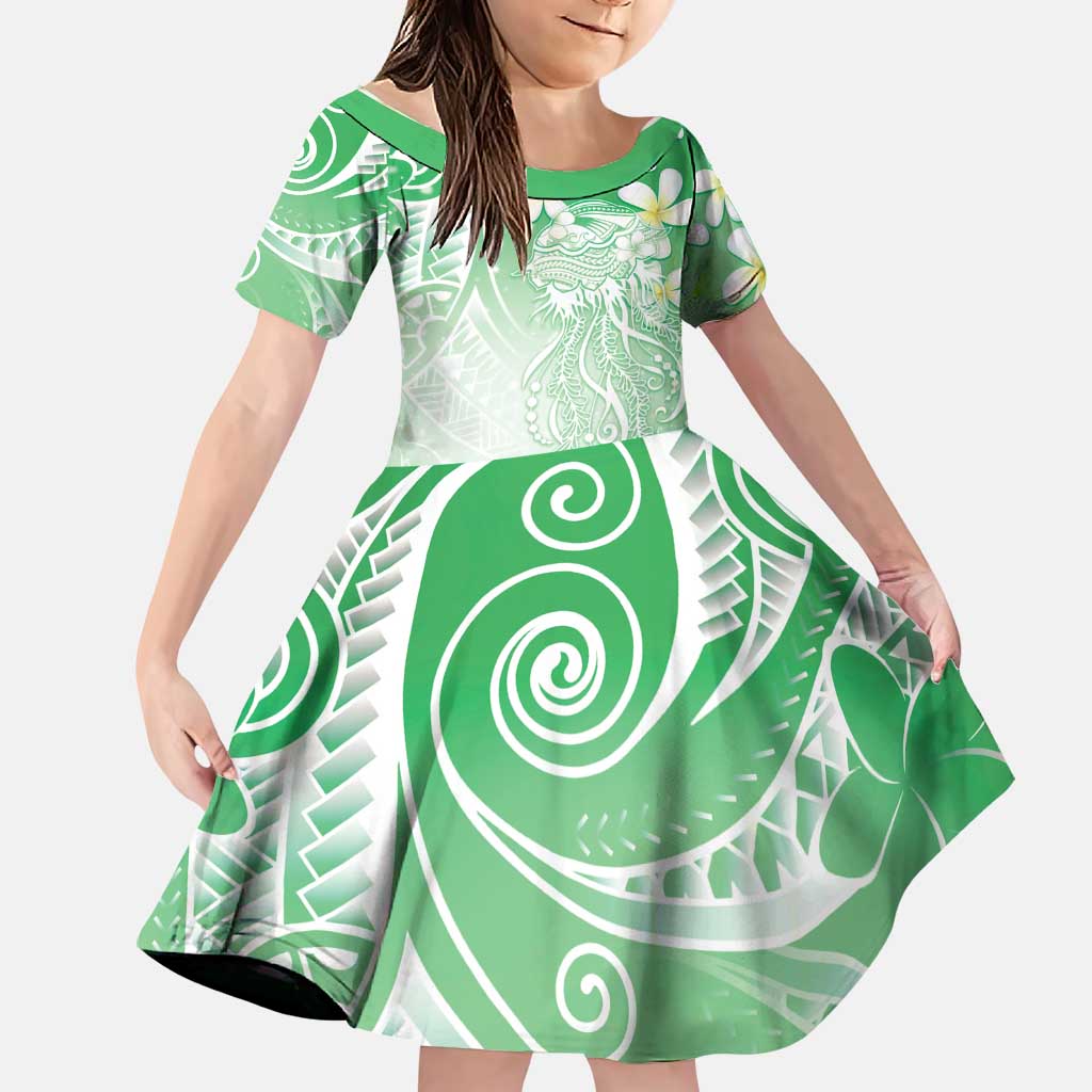 Polynesian Jellyfish Family Matching Off The Shoulder Long Sleeve Dress and Hawaiian Shirt With Plumeria Green