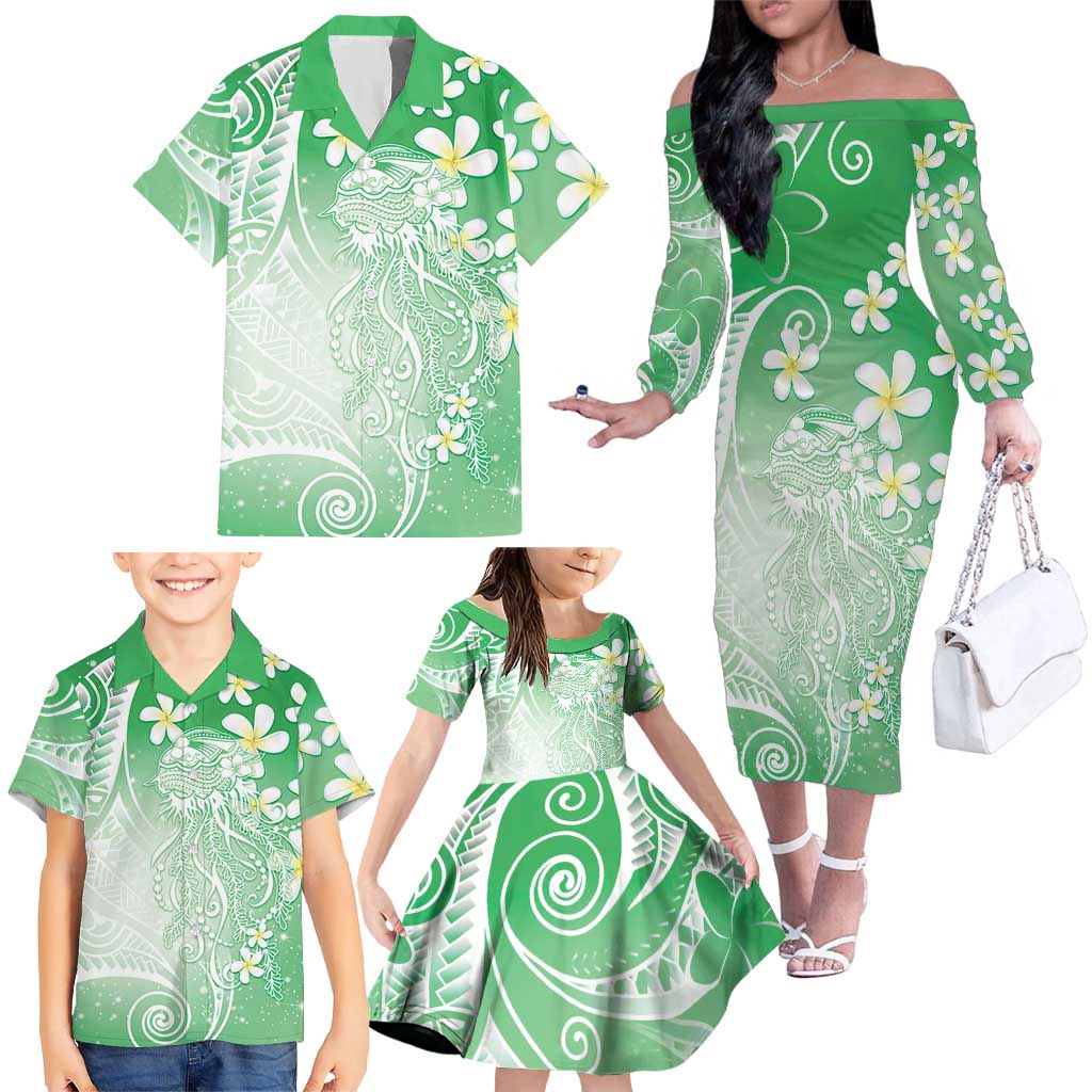 Polynesian Jellyfish Family Matching Off The Shoulder Long Sleeve Dress and Hawaiian Shirt With Plumeria Green LT05 - Polynesian Pride