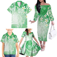 Polynesian Jellyfish Family Matching Off The Shoulder Long Sleeve Dress and Hawaiian Shirt With Plumeria Green