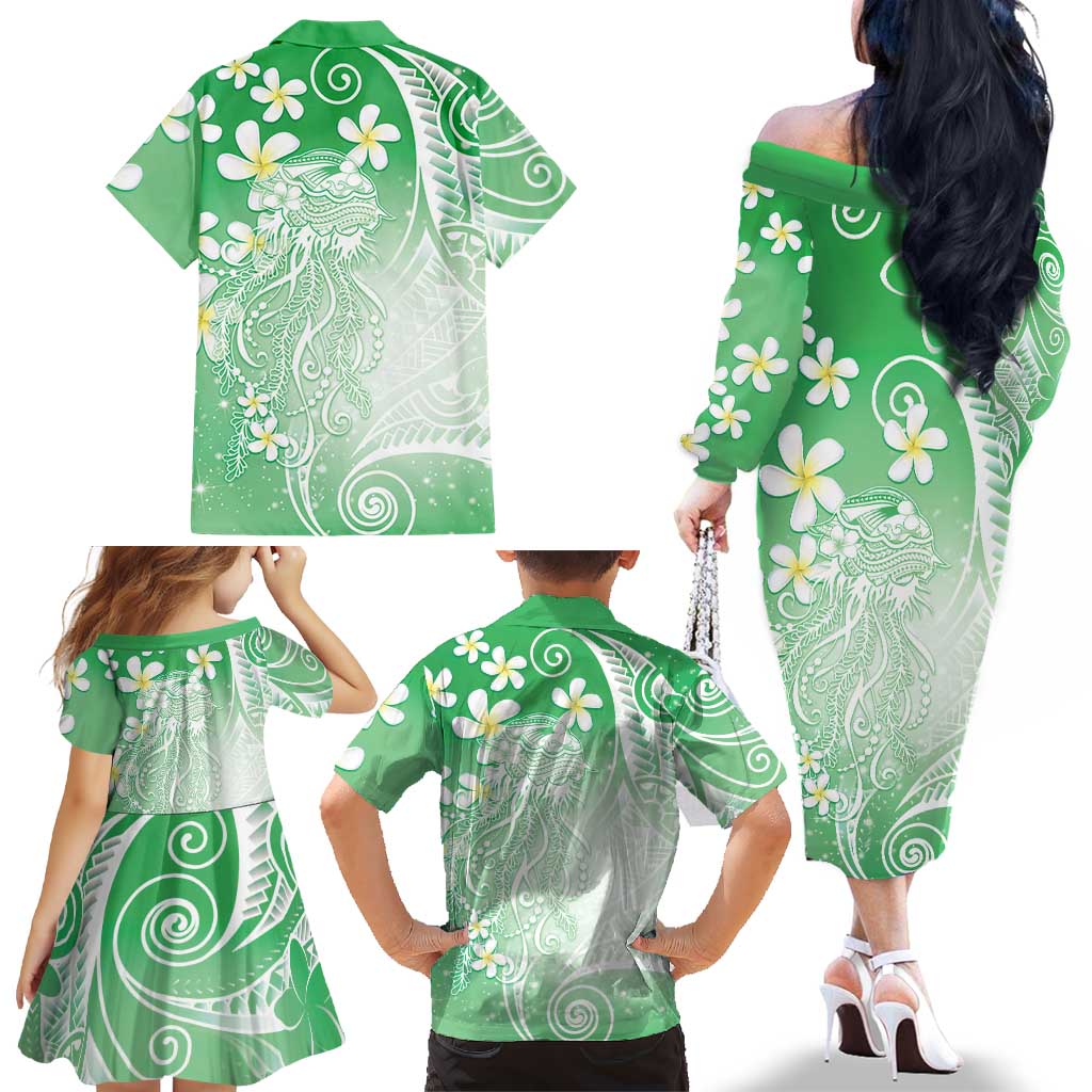 Polynesian Jellyfish Family Matching Off The Shoulder Long Sleeve Dress and Hawaiian Shirt With Plumeria Green