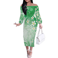 Polynesian Jellyfish Family Matching Off The Shoulder Long Sleeve Dress and Hawaiian Shirt With Plumeria Green