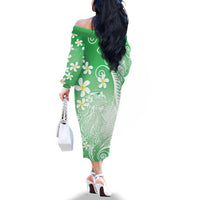 Polynesian Jellyfish Family Matching Off The Shoulder Long Sleeve Dress and Hawaiian Shirt With Plumeria Green