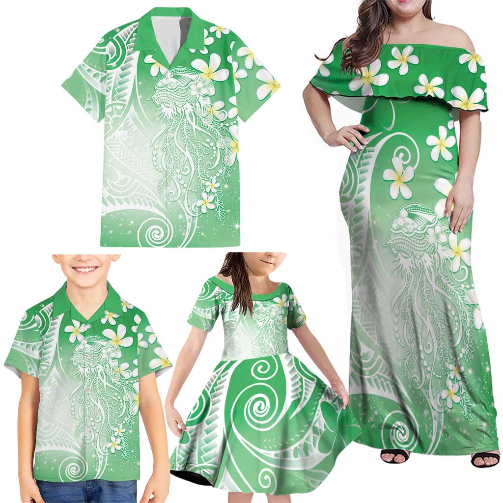 Polynesian Jellyfish Family Matching Off Shoulder Maxi Dress and Hawaiian Shirt With Plumeria Green