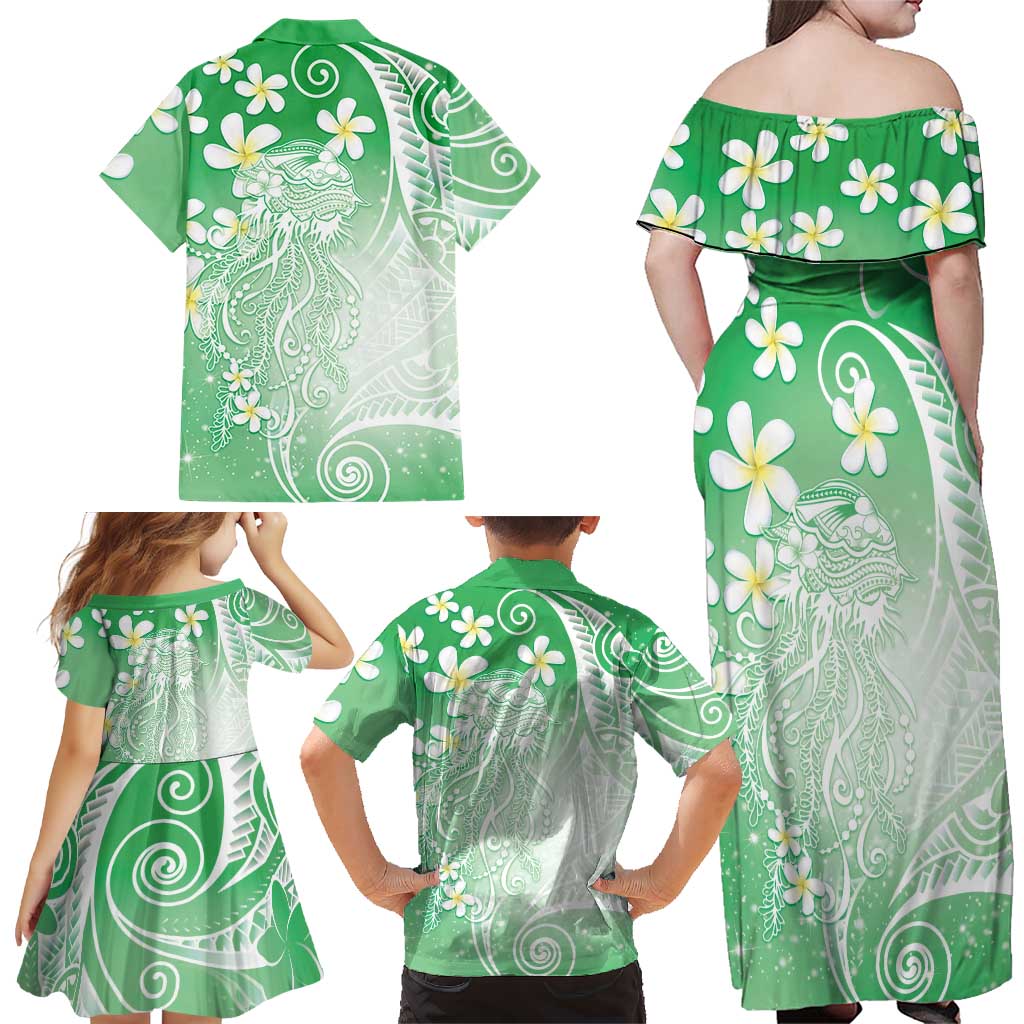 Polynesian Jellyfish Family Matching Off Shoulder Maxi Dress and Hawaiian Shirt With Plumeria Green