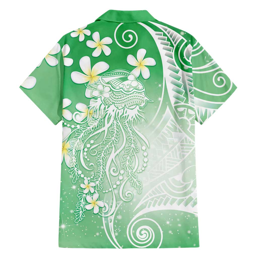 Polynesian Jellyfish Family Matching Off Shoulder Maxi Dress and Hawaiian Shirt With Plumeria Green