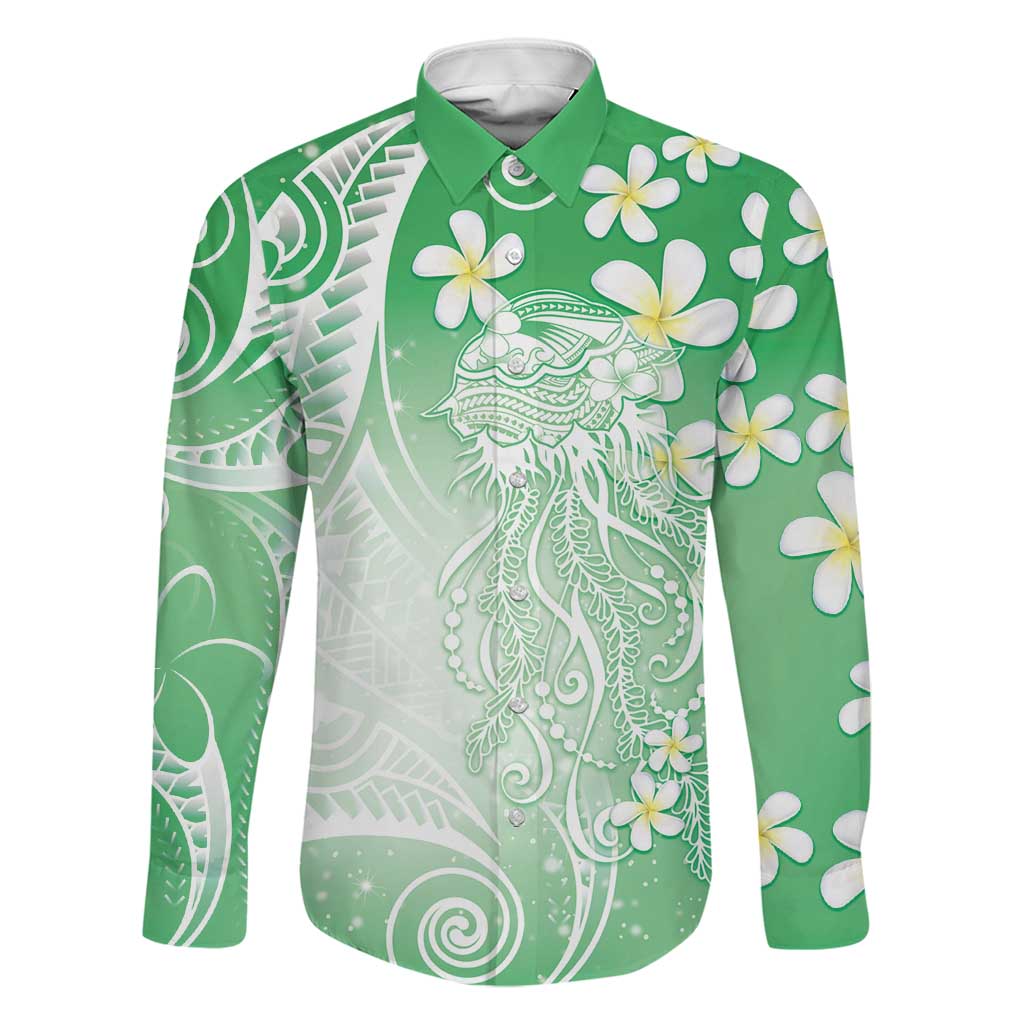 Polynesian Jellyfish Family Matching Off Shoulder Maxi Dress and Hawaiian Shirt With Plumeria Green