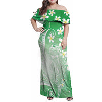 Polynesian Jellyfish Family Matching Off Shoulder Maxi Dress and Hawaiian Shirt With Plumeria Green