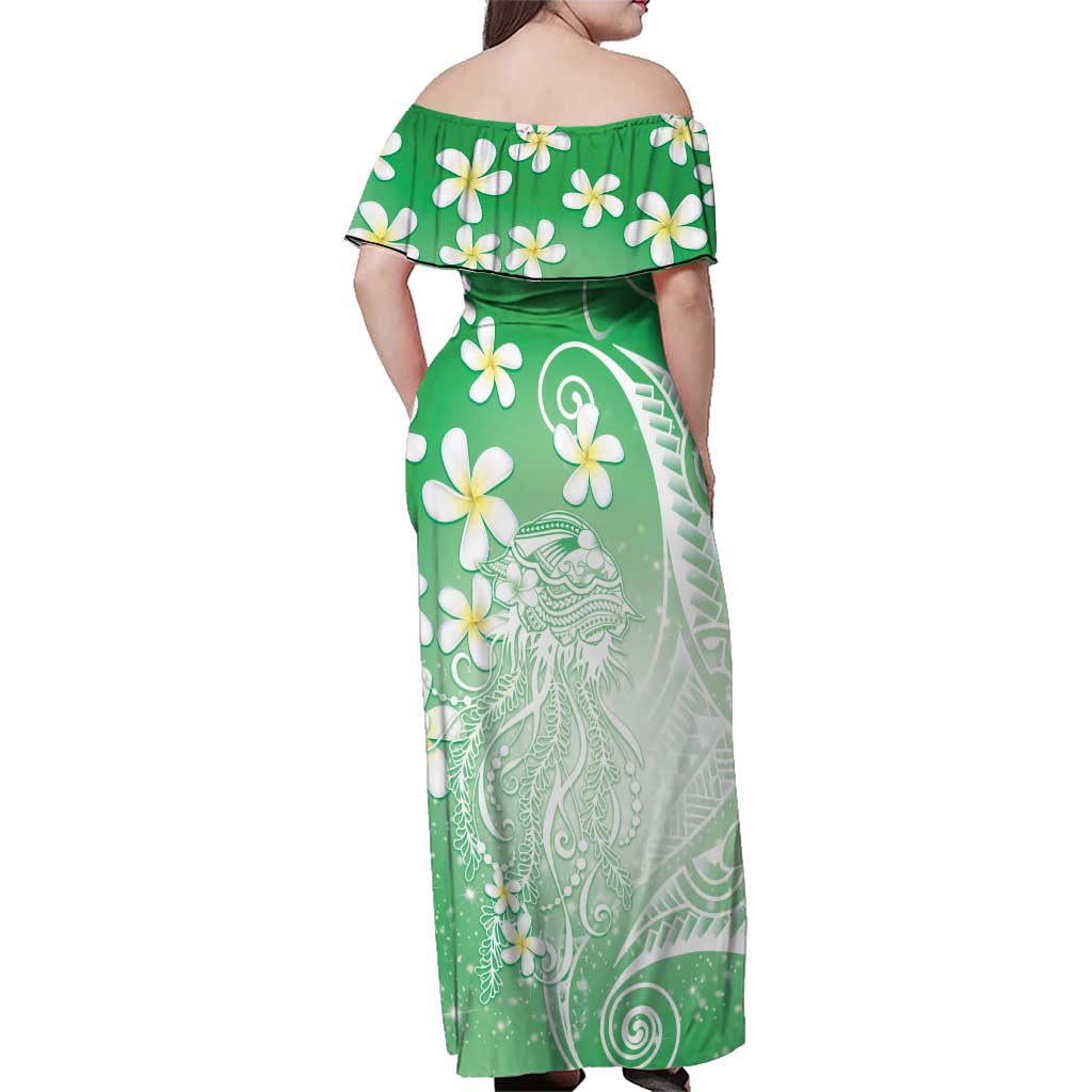 Polynesian Jellyfish Family Matching Off Shoulder Maxi Dress and Hawaiian Shirt With Plumeria Green